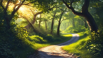 Wall Mural - Serene forest pathway illuminated by gentle sunlight filtering through vibrant green foliage