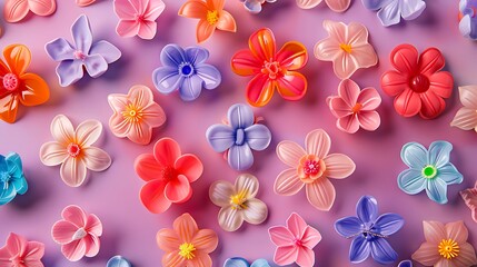 Wall Mural - scattered colorful plastic hairclips flower pattern on pink and purple background