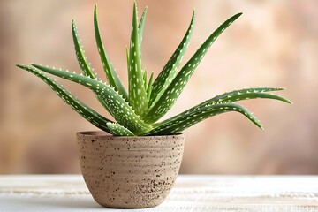 A green plant in a pot on white table