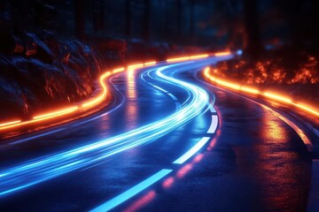 abstract speed concept streaking neon blue light trails against dark background dynamic motion blur futuristic energy flow visualization