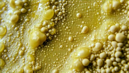 Glossy Yellow Bubbles. A close-up of a glossy yellow substance with numerous bubbles of varying sizes.