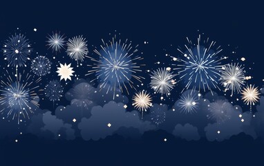 Wall Mural - Blue Sky with Fireworks Blooming in Light White and Dark Gray Flat Design