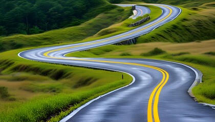 Wall Mural - Winding asphalt road inviting exploration and new directions with double yellow lines marking the way