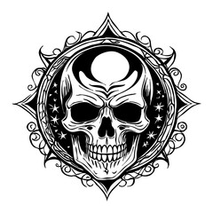 Halloween. Black and white drawing. Logo design for use in graphics.  Skull