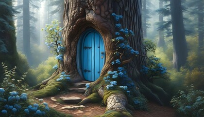 Poster - Enchanting blue door in an ancient tree trunk, beckoning entry to a magical realm