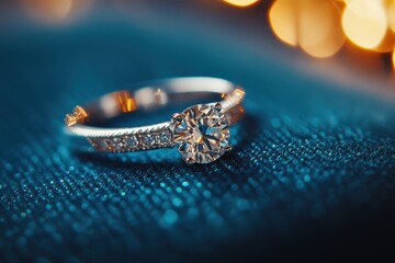 Wall Mural - A close-up of an elegant diamond engagement ring on a textured surface.