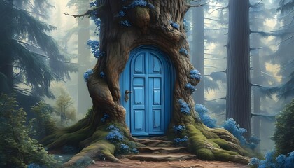 Poster - Enchanting blue door in an ancient tree trunk, beckoning entry to a magical realm