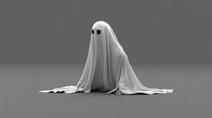 white ghost with two black eyes is sitting on the floor