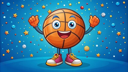 Adorable cartoon illustration of a smiling basketball wearing sneakers and a basketball jersey, surrounded by colorful confetti and stars on a bright blue background.