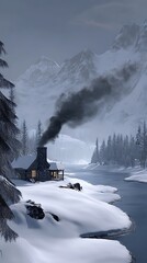 Canvas Print - Cozy Cabin in a Snowy Mountain Valley.