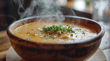 Wall Mural - A bowl of steaming soup with fresh herbs