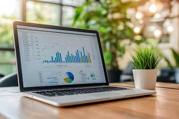 Photo laptop is displayed on a wooden table, showcasing charts and graphs related to analysis, business accounting, and statistics concepts.