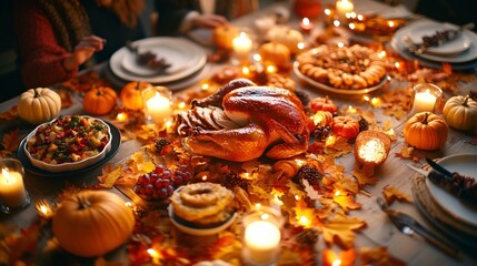 A wide shot of a family gathering around the Thanksgiving table as the turkey is being carved the centerpiece of the meal golden brown and glistening fall decorations including pumpkins and leaves on