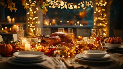 A wide shot of a family gathering around the Thanksgiving table as the turkey is being carved the centerpiece of the meal golden brown and glistening fall decorations including pumpkins and leaves on