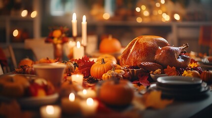 A wide shot of a family gathering around the Thanksgiving table as the turkey is being carved the centerpiece of the meal golden brown and glistening fall decorations including pumpkins and leaves on