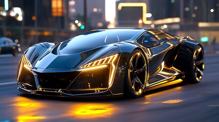 A futuristic black sports car cruises through the city at night, cutting through the illuminated urban landscape.