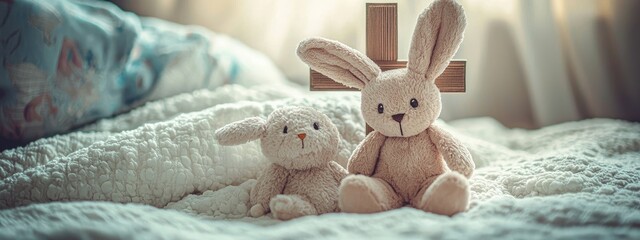 concept of christening baby plush rabbit. Selective focus