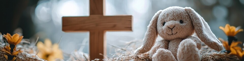 concept of christening baby plush rabbit. Selective focus