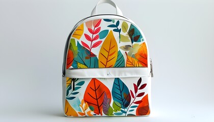 Colorful abstract design on a white backpack adorned with books and leaves