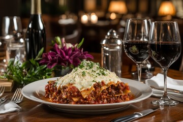 Lasagna alla Bolognese: A rich, layered dish featuring sheets of pasta, Bolognese meat sauce, and Parmesan cheese, baked until bubbly