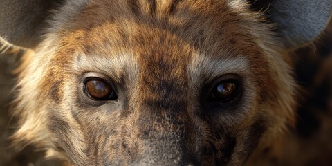 Macro shot of a hyena’s face showcasing its intense stare and unique fur texture