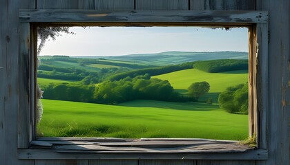 Wall Mural - Scenic countryside vista framed by a weathered window showcasing lush greenery and distant trees