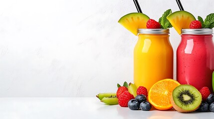 A variety of fresh fruit smoothies in glass bottles�kiwi, orange, raspberry, strawberry, and blueberry�offer a burst of flavor.