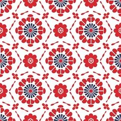 Wall Mural - Red and blue floral pattern on a white background