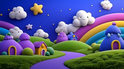 A cartoon night sky twinkles with stars, as a rainbow arches over clouds and houses below in a magical scene.