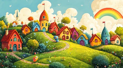 A vibrant fantasy village with rainbows and cartoon characters brings a cheerful and imaginative world to life.