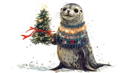 Wall Mural - seal with a Christmas tree on a white background. Selective focus