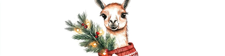 Wall Mural - llama with a Christmas tree on a white background. Selective focus