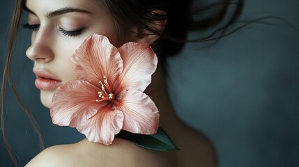 Wall Mural - Beautiful young woman posing with flower near face