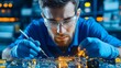 © Raitalinn - An electronics engineer works meticulously on a circuit board, using a soldering iron to ensure precision in the intricate details.