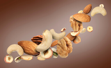 Sticker - Pecan and other nuts in air on brown background