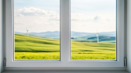Wall Mural - renewable energy wind turbine with wind turbines in a green meadow, eco-conscious energy generation,