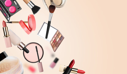 Poster - Different makeup products flying on beige background. Space for text