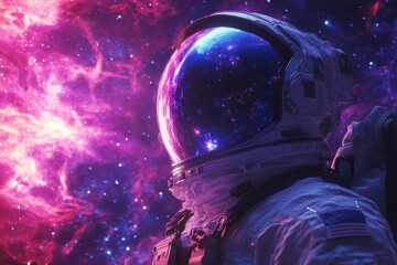 Wall Mural - astronaut floating in cosmic expanse helmet reflecting stunning nebula and distant galaxies rich purples and blues starry backdrop sense of wonder exploration and infinite possibilities