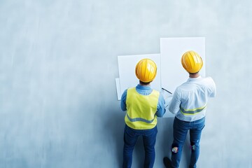 Wall Mural - renewable energy wind turbine with engineers analyzing wind turbine schematics, precision engineerin