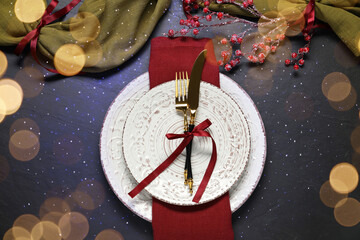 Wall Mural - Christmas setting with festive decor on dark table, flat lay. Bokeh effect