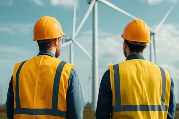 Wall Mural - renewable energy wind turbine with engineers using augmented reality to design wind turbine improvem