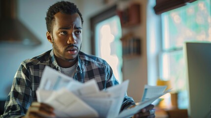 Man sitting at desk with concerned expression, holding stack of papers symbolizing financial stress and national debt, emphasizing personal and economic challenges.