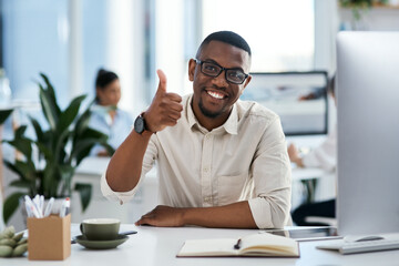 Canvas Print - Thumbs up, notes and portrait of black man in office, digital agency or creative developer with confidence. Yes, website designer or consultant at tech startup with notebook, agreement and support