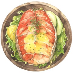 Canvas Print - Watercolor Illustration of Grilled Salmon with Lemon, Green Onion, and Lettuce on a Plate.