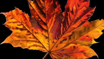 Wall Mural - Vibrant autumn leaf displaying shades of orange, red, and yellow against a striking black backdrop