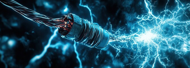 electric discharge sparks vividly from a coiled cable amidst a dark, textured background in a dramat