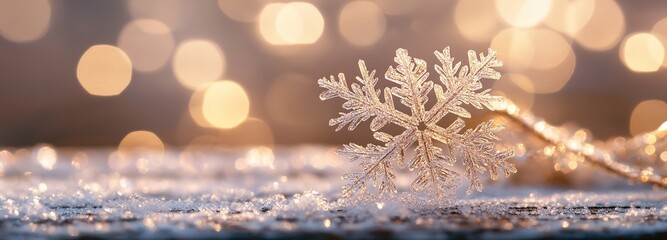 A delicate snowflake rests on a wooden surface at sunset, surrounded by glistening frost and soft bokeh lights in the background