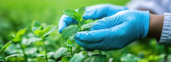 Hands in blue gloves gently holding a green leaf plant with care and preservation