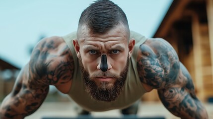 Muscular Tattooed Bald Man Intense Workout Fitness Portrait