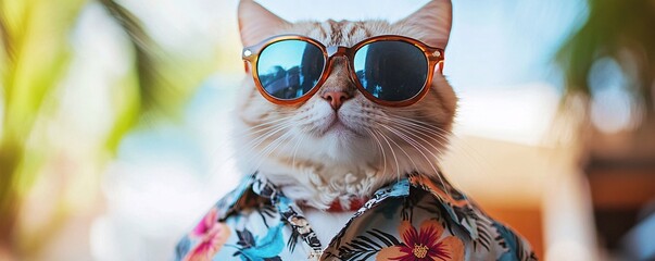 Cool cat wearing sunglasses and hawaiian shirt posing